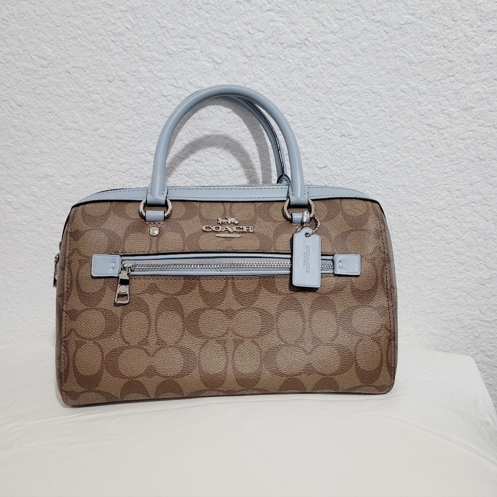 Coach Tan and Light Blue Signature Satchel